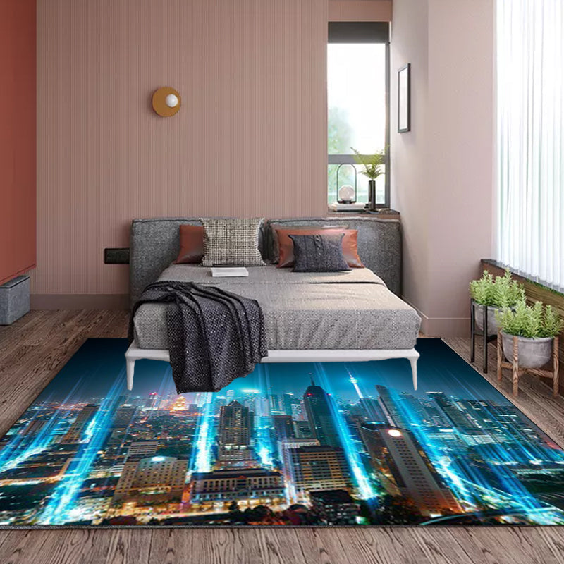 Blue modern carpet polyester geography pattern carpet washable non-slip backing mat for the living room | Bowlift