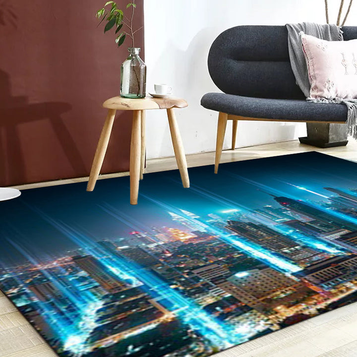 Blue modern carpet polyester geography pattern carpet washable non-slip backing mat for the living room | Bowlift