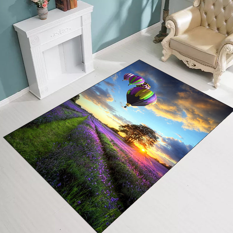 Purple and Blue Novelty Rug Polyester Lavender and Balloon Pattern Rug Washable Non-Slip Back Rug for Living Room | Bowlift