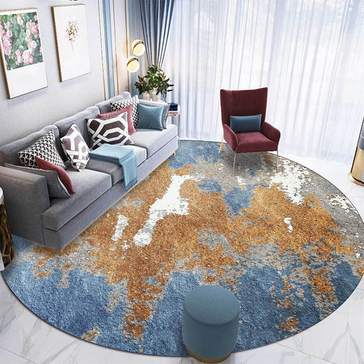 Funky Abstract Rug Blue and Golden Nordic Rug Polyester Washable Non-Slip Back Living Room Rug | Bowlift