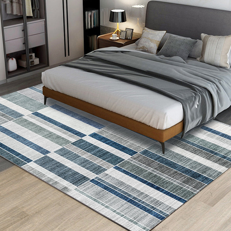 Stylish striped rug in gray and blue, contemporary rug made of polyester, washable, non-slip backing, rug for the living room | Bowlift