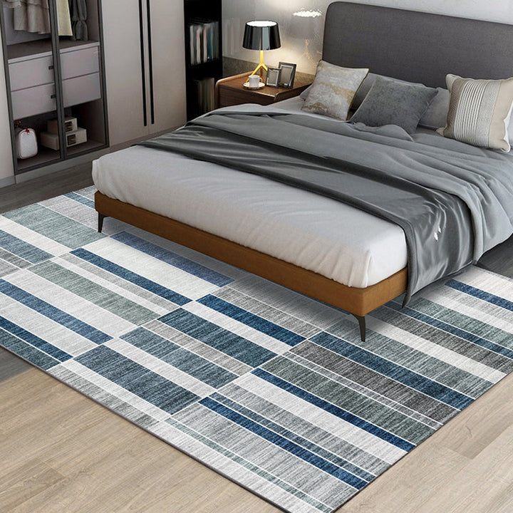 Stylish striped rug in gray and blue, contemporary rug made of polyester, washable, non-slip backing, rug for the living room | Bowlift