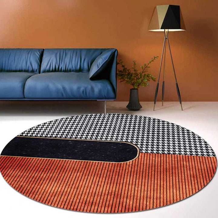 Orange and Black Modern Carpet Polyester Striped and Houndstooth Pattern Carpet Washable Non-Slip Back Carpet for Living Room | Bowlift