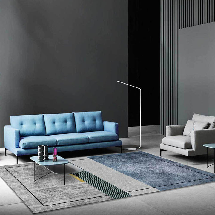 Gray and Blue Novelty Rug Polyester Striped Pattern Rug Washable Non-Slip Back Rug for Living Room | Bowlift