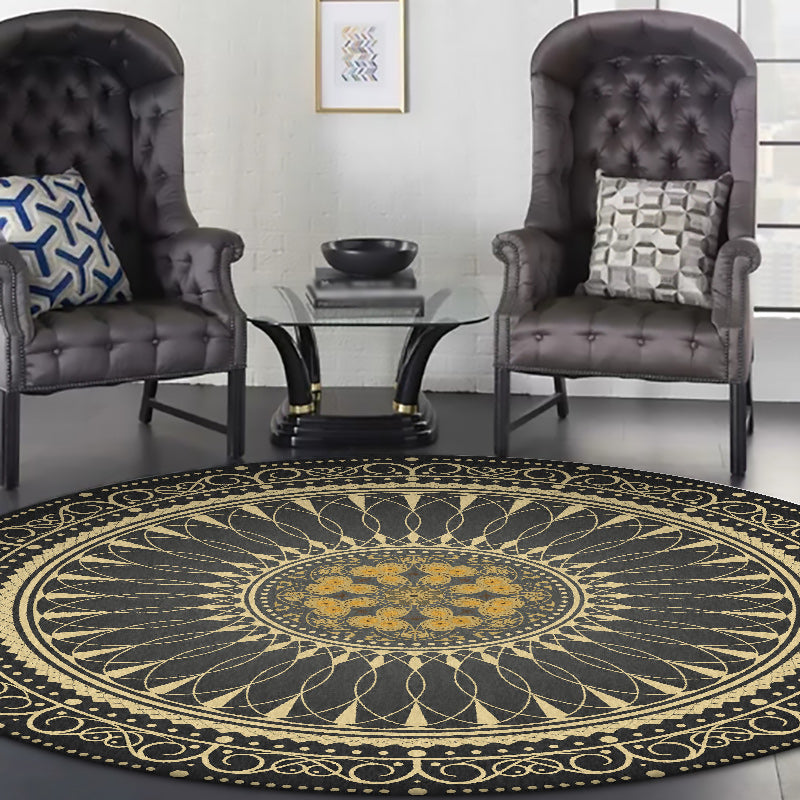 BowLift | Vintage Floral Pattern Rug Black Tribal Rug Polyester Washable Anti-Slip Backing Rug for Living Room