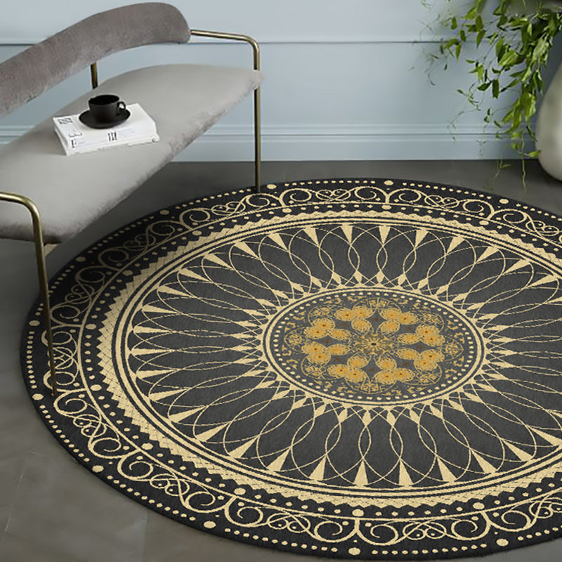 BowLift | Vintage Floral Pattern Rug Black Tribal Rug Polyester Washable Anti-Slip Backing Rug for Living Room