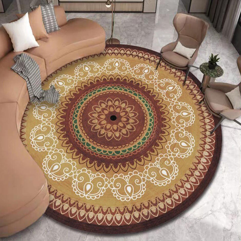 BowLift | Vintage concentrated circles pattern rug with flowers yellow tribal rug polyester washable non-slip backing rug for the living room