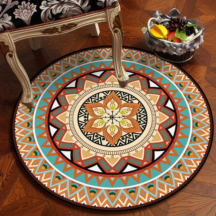 BowLift | Traditional concentric circle patterned rug with floral orange tribal rug made of polyester washable non-slip backing rug for the living room