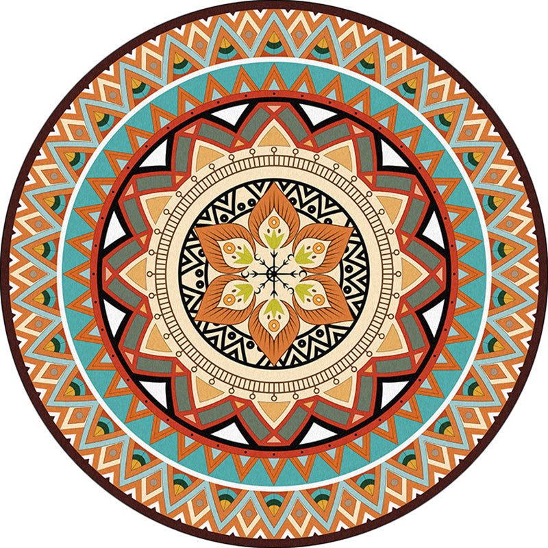BowLift | Traditional concentric circle patterned rug with floral orange tribal rug made of polyester washable non-slip backing rug for the living room