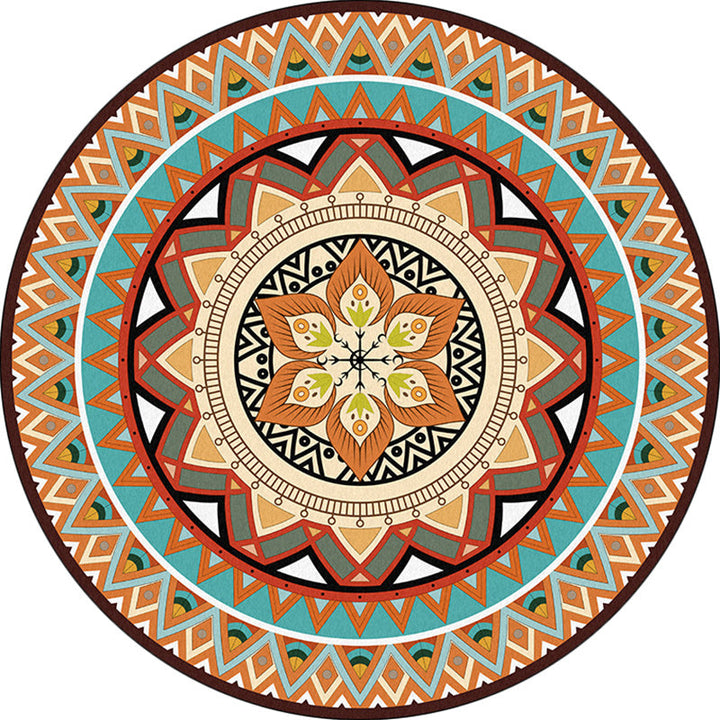 BowLift | Traditional concentric circle patterned rug with floral orange tribal rug made of polyester washable non-slip backing rug for the living room