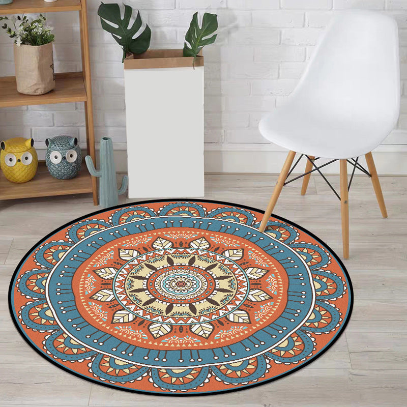 BowLift | Americana concentric circles pattern rug with floral orange and blue tones polyester rug machine washable non-slip rug for the bedroom