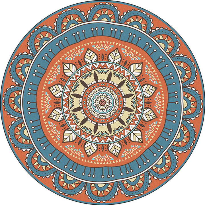 BowLift | Americana concentric circles pattern rug with floral orange and blue tones polyester rug machine washable non-slip rug for the bedroom