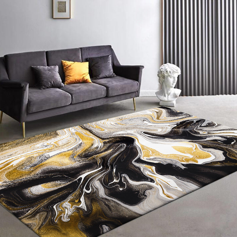 Black and yellow bedroom rug modern abstract marble pattern area rug polyester dirt-repellent washable rug | Bowlift