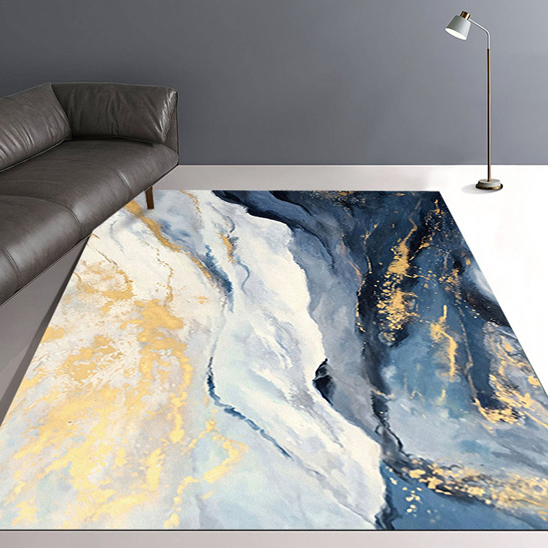 BowLift | Blue and Gold Bedroom Carpet Modern Abstract Cloud Pattern Area Rug Polyester Non-Slip Washable Rug