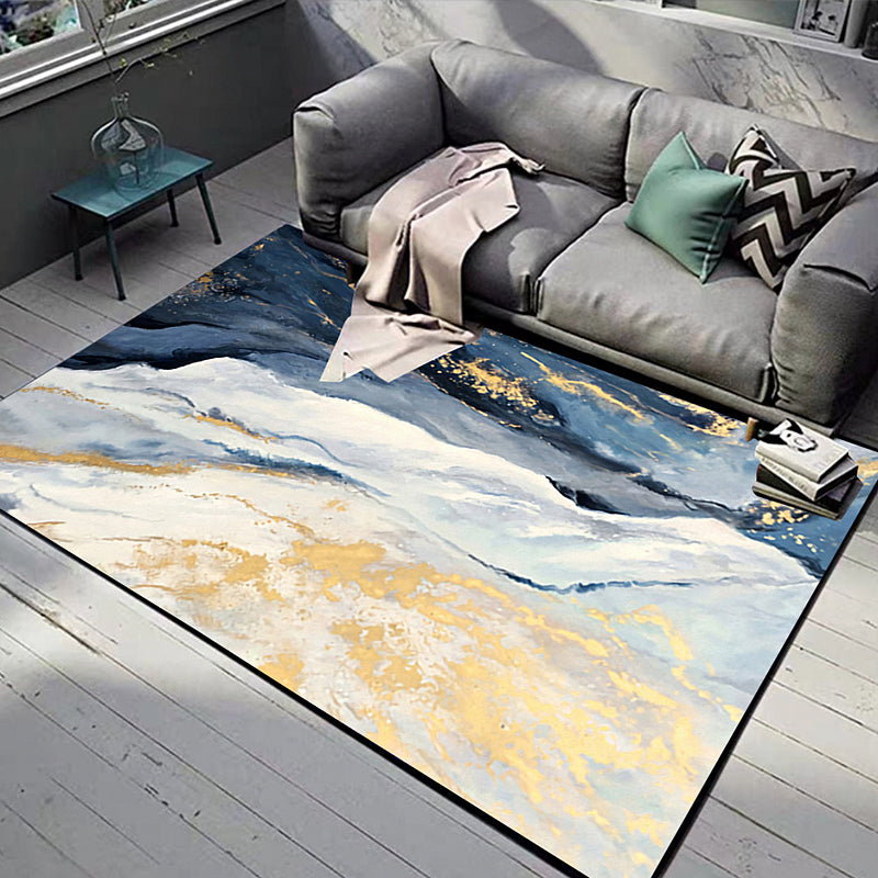 BowLift | Blue and Gold Bedroom Carpet Modern Abstract Cloud Pattern Area Rug Polyester Non-Slip Washable Rug