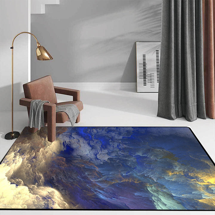 Modern living room rug in blue and yellow abstract cloud pattern rug polyester stain resistant washable area rug | Bowlift