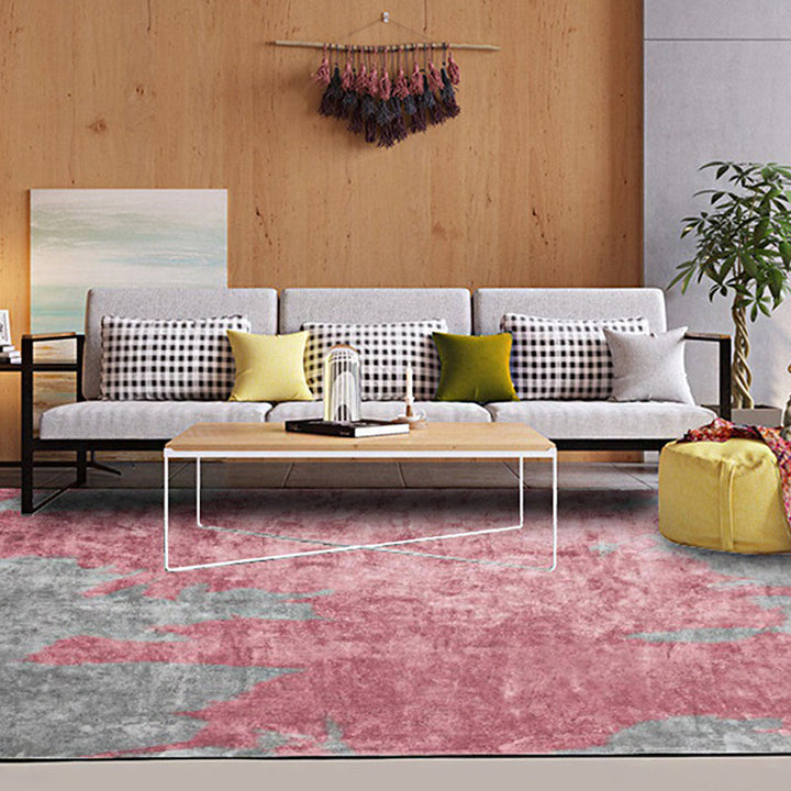 Contemporary modern rug in pink and gray with abstract paint pattern rug polyester washable rug for home decor | Bowlift