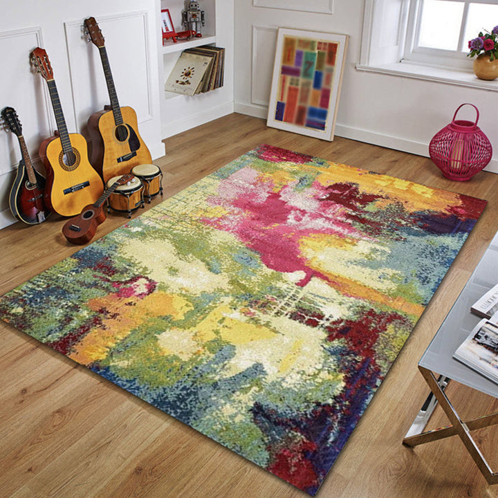 Colorful Bedroom Rug Modern Abstract Watercolor Pattern Rug Polyester Machine Washable Rug | Bowlift