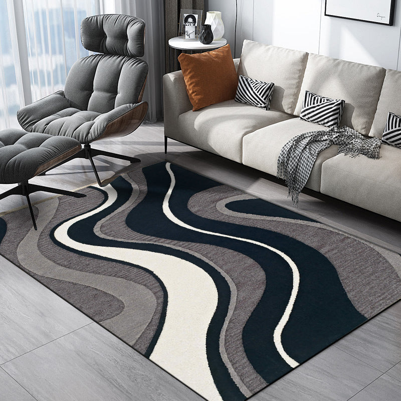 Black and gray bedroom rug modern abstract swirl line pattern rug washable polyester pet-friendly rug | Bowlift