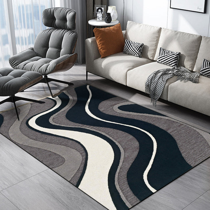 Black and gray bedroom rug modern abstract swirl line pattern rug washable polyester pet-friendly rug | Bowlift