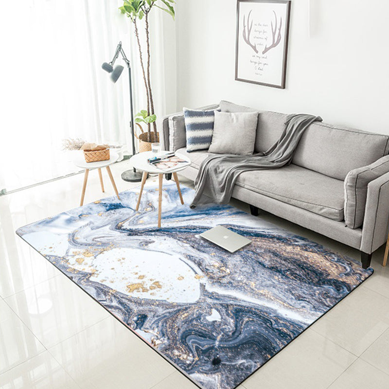 Minimalist modern rug in blue and white abstract marble pattern rug polyester washable rug for home decoration | Bowlift