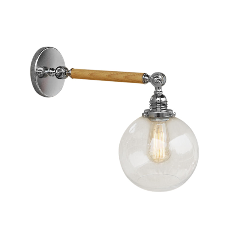 BowLift | Vintage Orb Wall Light Fixture 1 Lamp Clear Glass Wall Lamp in Chrome for Bathroom, 8"/4"/6" Wide Wooden Arm