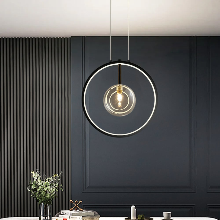 BowLift | LumoGlobe – Minimalist Black Pendant Lamp with Glass LED Sphere