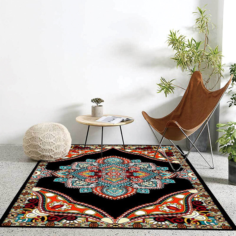 BowLift | Mediterranean Moroccan carpet in red and black medallion floral pattern carpet polyester non-slip flooring for living room decoration