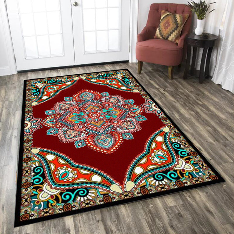 BowLift | Mediterranean Moroccan carpet in red and black medallion floral pattern carpet polyester non-slip flooring for living room decoration