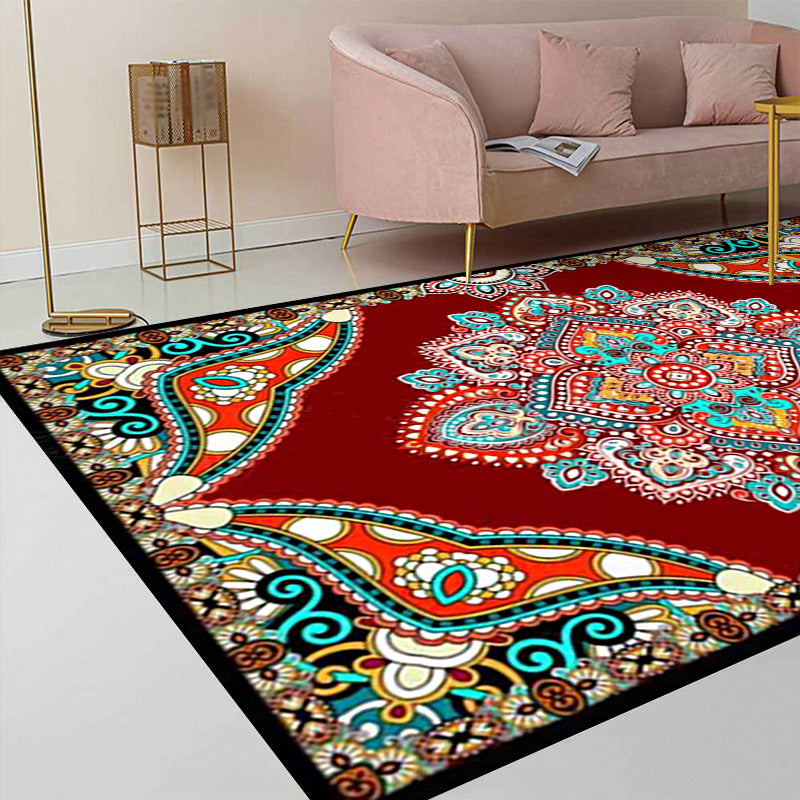 BowLift | Mediterranean Moroccan carpet in red and black medallion floral pattern carpet polyester non-slip flooring for living room decoration