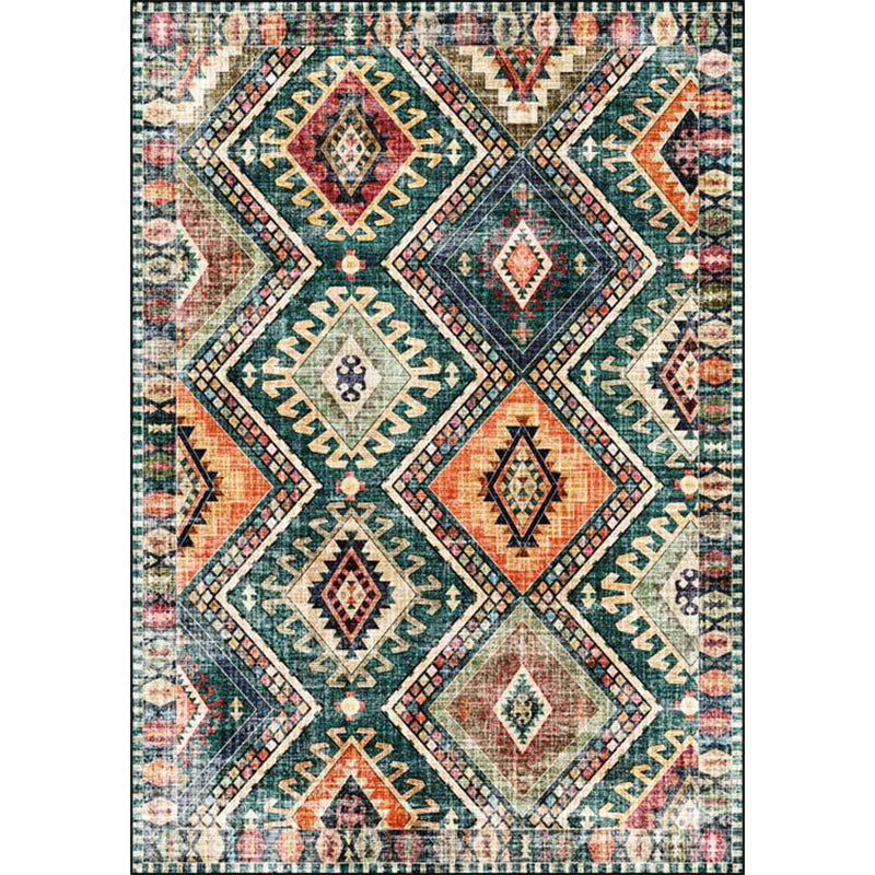 BowLift | Retro Tribal Pattern Rug Green Polyester Rug Machine Washable Non-Slip Backing Living Room Rug for Living Room