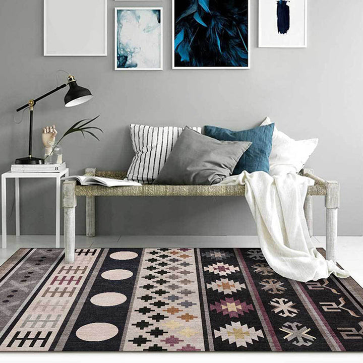 BowLift | Black Southwestern Rug Polyester Tribal Pattern Rug Washable Non-Slip Backing Rug for Living Room
