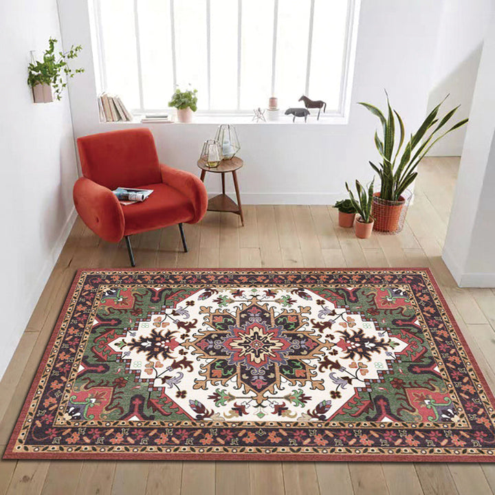 BowLift | Oriental Moroccan Carpet in Red and Green Medallion Flower Petal Pattern Carpet Polyester Non-slip Doormat for Home Decor