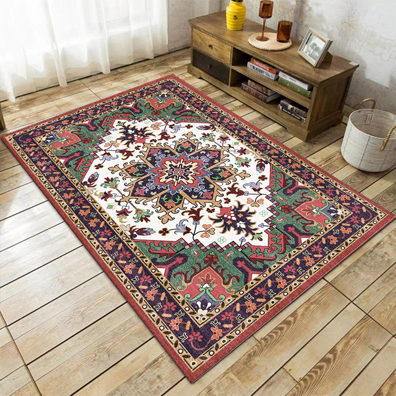 BowLift | Oriental Moroccan Carpet in Red and Green Medallion Flower Petal Pattern Carpet Polyester Non-slip Doormat for Home Decor