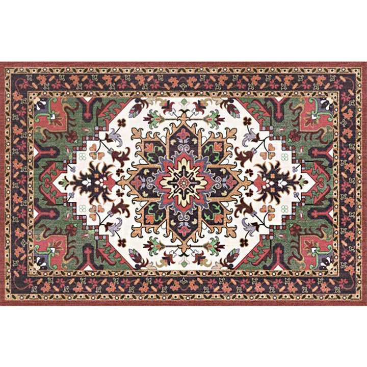 BowLift | Oriental Moroccan Carpet in Red and Green Medallion Flower Petal Pattern Carpet Polyester Non-slip Doormat for Home Decor