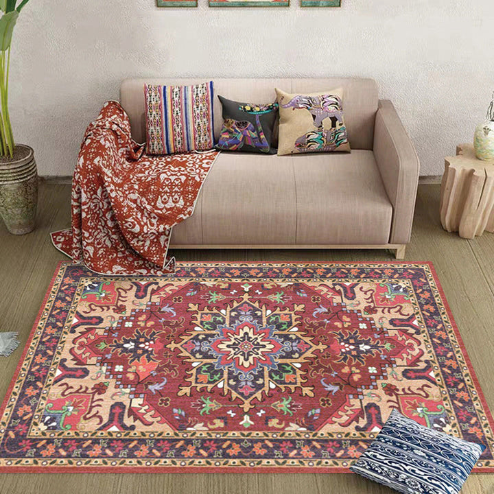 BowLift | Oriental Moroccan Carpet in Red and Green Medallion Flower Petal Pattern Carpet Polyester Non-slip Doormat for Home Decor