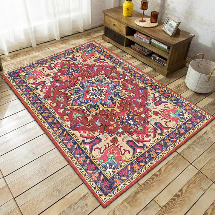 BowLift | Oriental Moroccan Carpet in Red and Green Medallion Flower Petal Pattern Carpet Polyester Non-slip Doormat for Home Decor