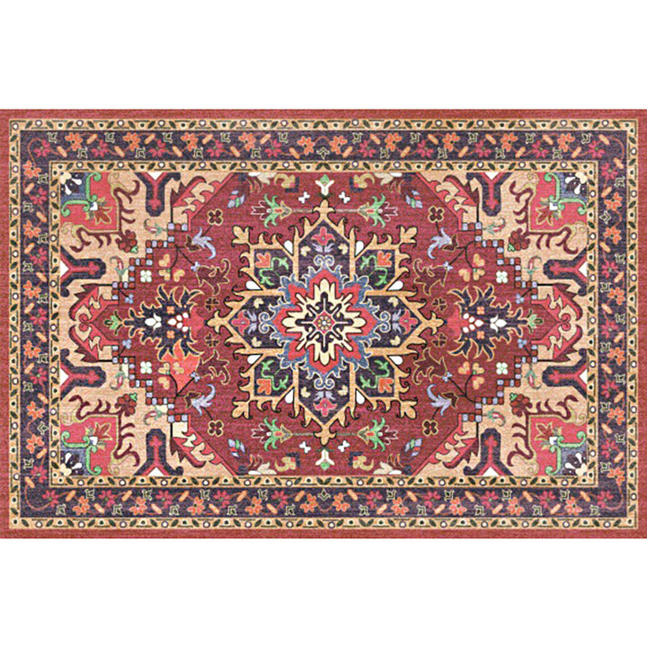 BowLift | Oriental Moroccan Carpet in Red and Green Medallion Flower Petal Pattern Carpet Polyester Non-slip Doormat for Home Decor