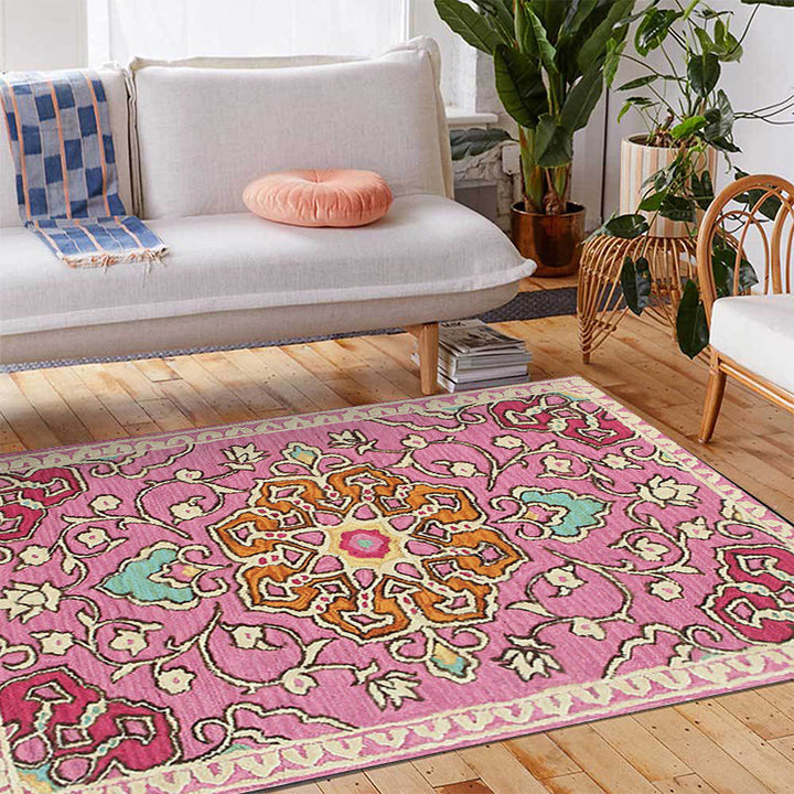 Moroccan living room rug in pink medallion floral pattern rug polyester machine washable non-slip area rug | Bowlift