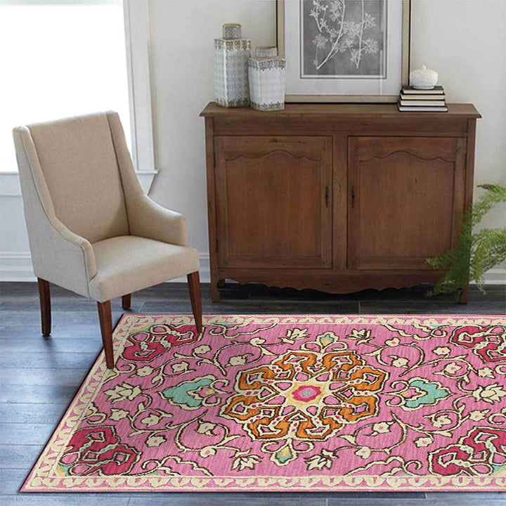 BowLift | Moroccan living room rug in pink medallion floral pattern rug polyester machine washable non-slip rug