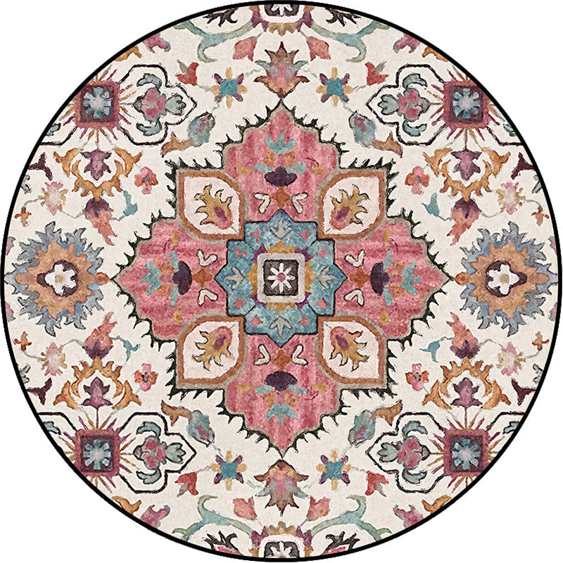 Pink Moroccan Carpet Polyester Medallion Print Carpet Washable Non-Slip Back Carpet for Living Room | Bowlift