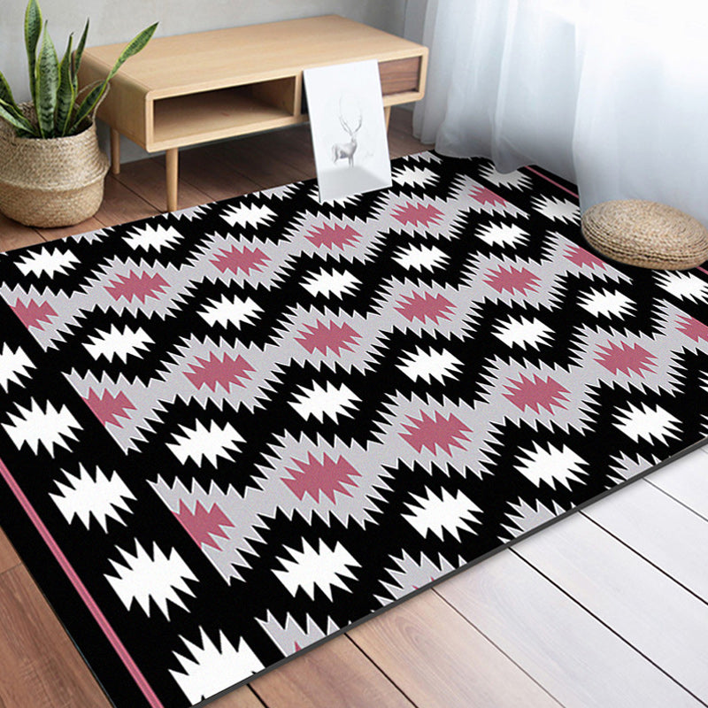 BowLift | Southwestern Living Room Rug in Black Geometric Print Rug Polyester Stain Resistant Washable Area Rug