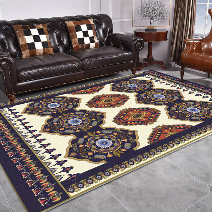 BowLift | Navy Blue and Beige Americana Rug Polyester Tribal Floral Pattern Rug Washable Non-Slip Back Rug for Living Room