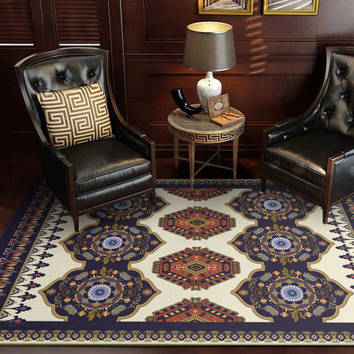 BowLift | Navy Blue and Beige Americana Rug Polyester Tribal Floral Pattern Rug Washable Non-Slip Back Rug for Living Room