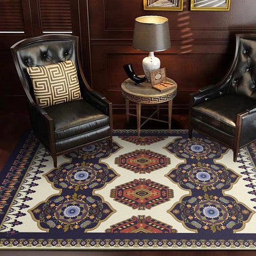 BowLift | Navy Blue and Beige Americana Rug Polyester Tribal Floral Pattern Rug Washable Non-Slip Back Rug for Living Room