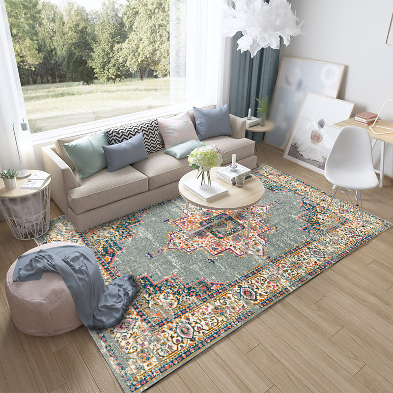 Moroccan living room rug in green medallion floral pattern Rug Polyester non-slip back Rug | Bowlift