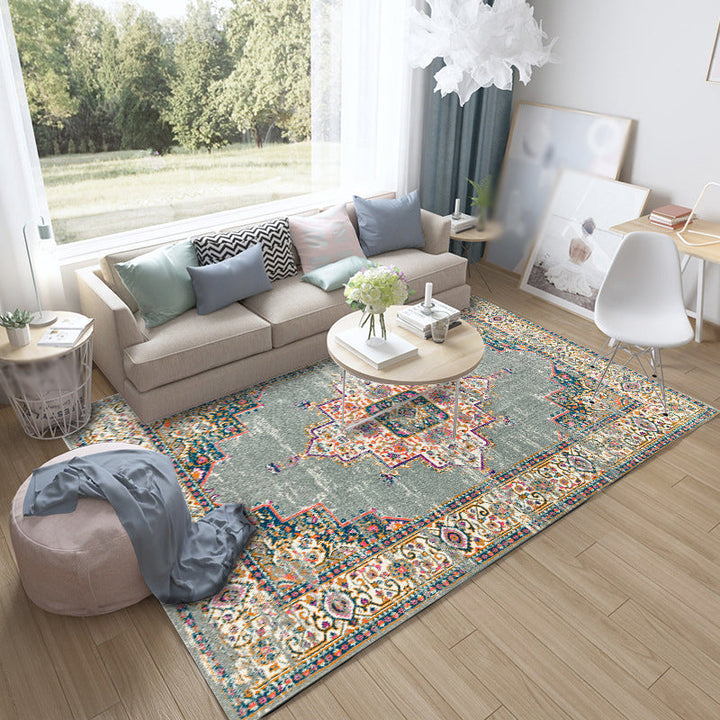 Moroccan living room rug in green medallion floral pattern Rug Polyester non-slip back Rug | Bowlift