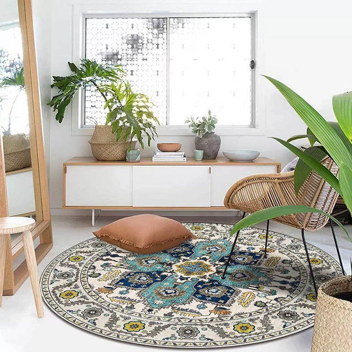 Classic medallion pattern rug with floral blue and red tribal rug polyester washable non-slip backing rug for the living room | Bowlift