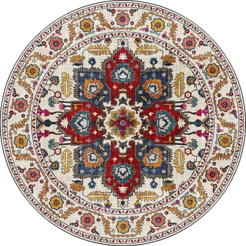 Classic medallion pattern rug with floral blue and red tribal rug polyester washable non-slip backing rug for the living room | Bowlift
