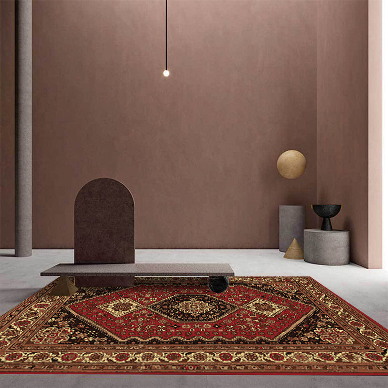 BowLift | Red and Brown Bedroom Rug Moroccan Medallion Floral Pattern Area Rug Polyester Stain Resistant Rug